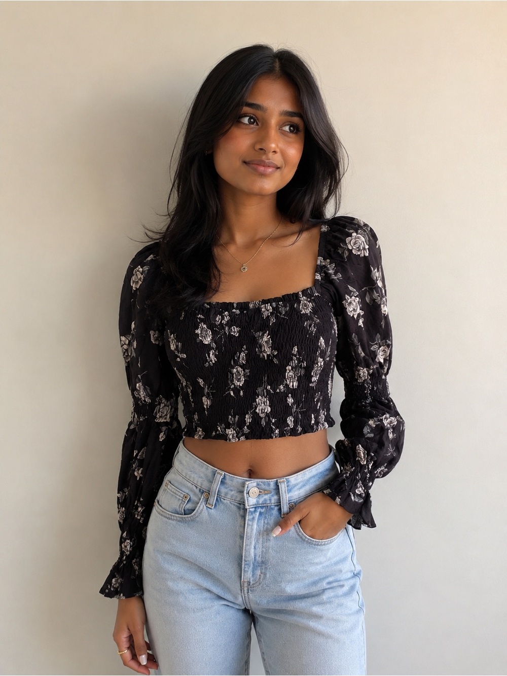 NWT Motel Black Floral Smocked Long Sleeve Crop Top Coquette